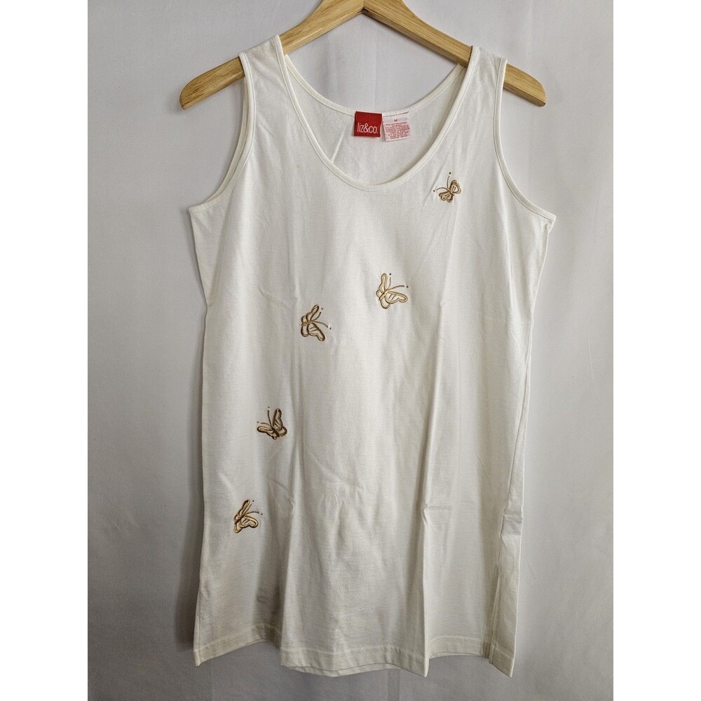 Liz Co White Cotton Tank Top Butterfly Embroidered Womens Size Medium